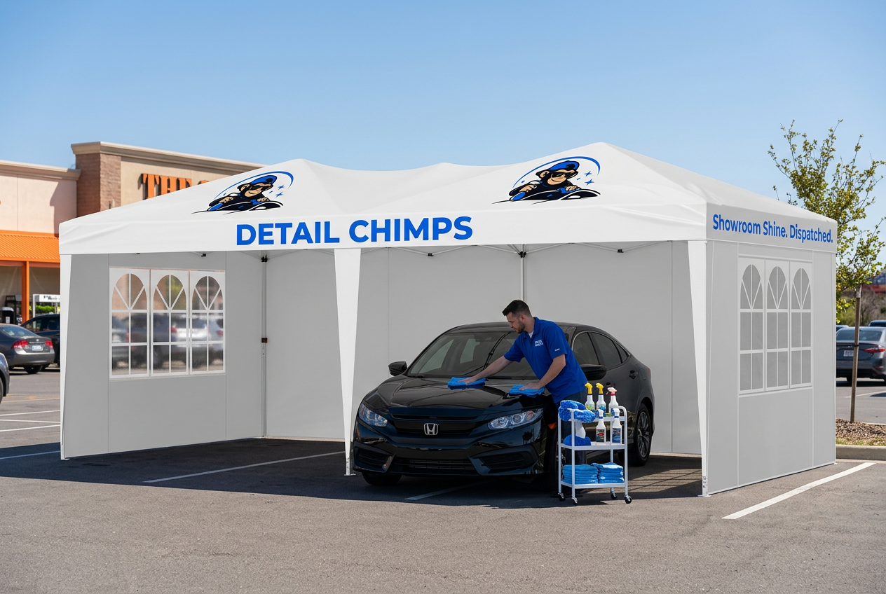 Illustrative concept of a white outdoor Detail Chimps booth with blue branding in a parking lot