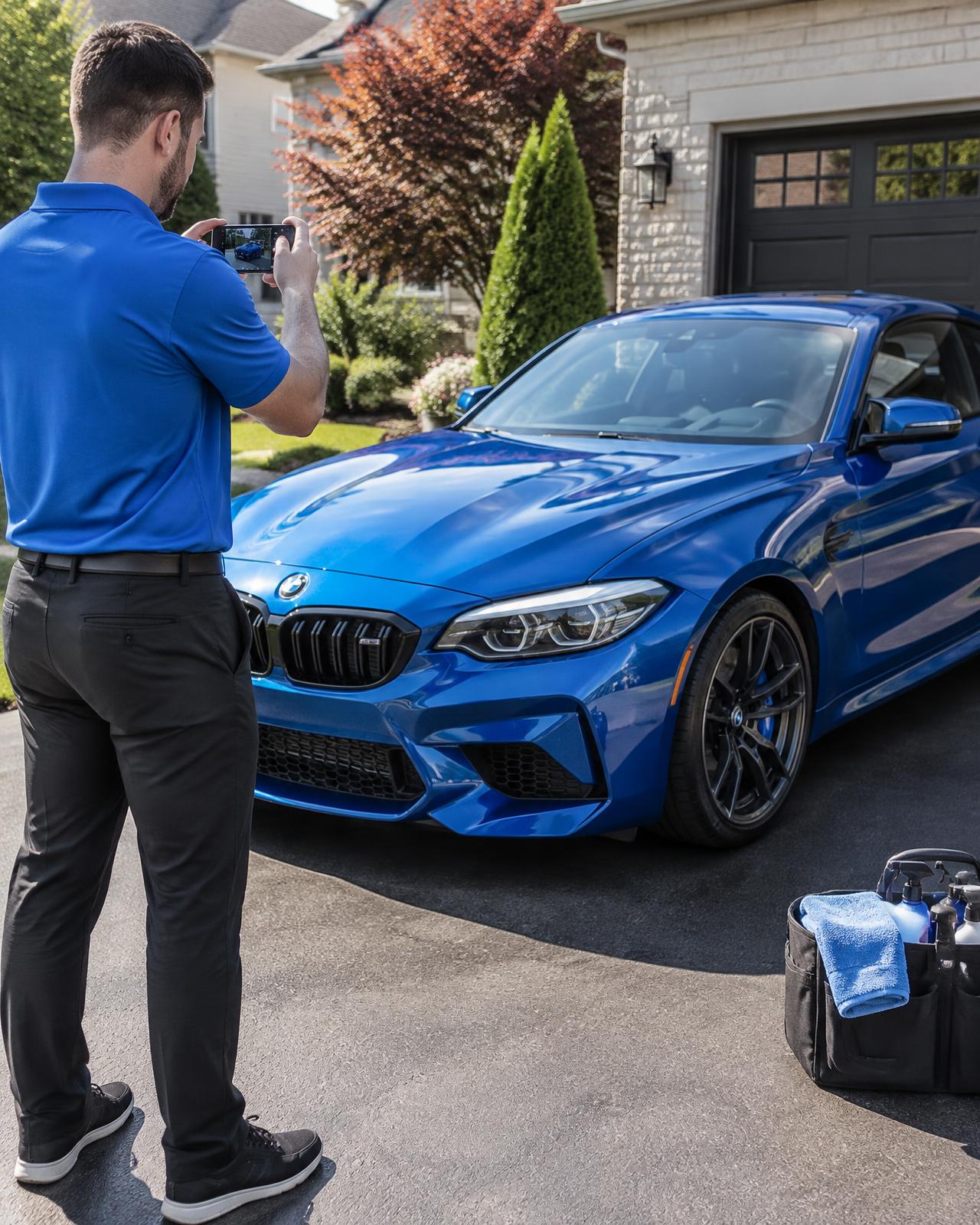 A detailer photographs a freshly cleaned blue car to document the completed work