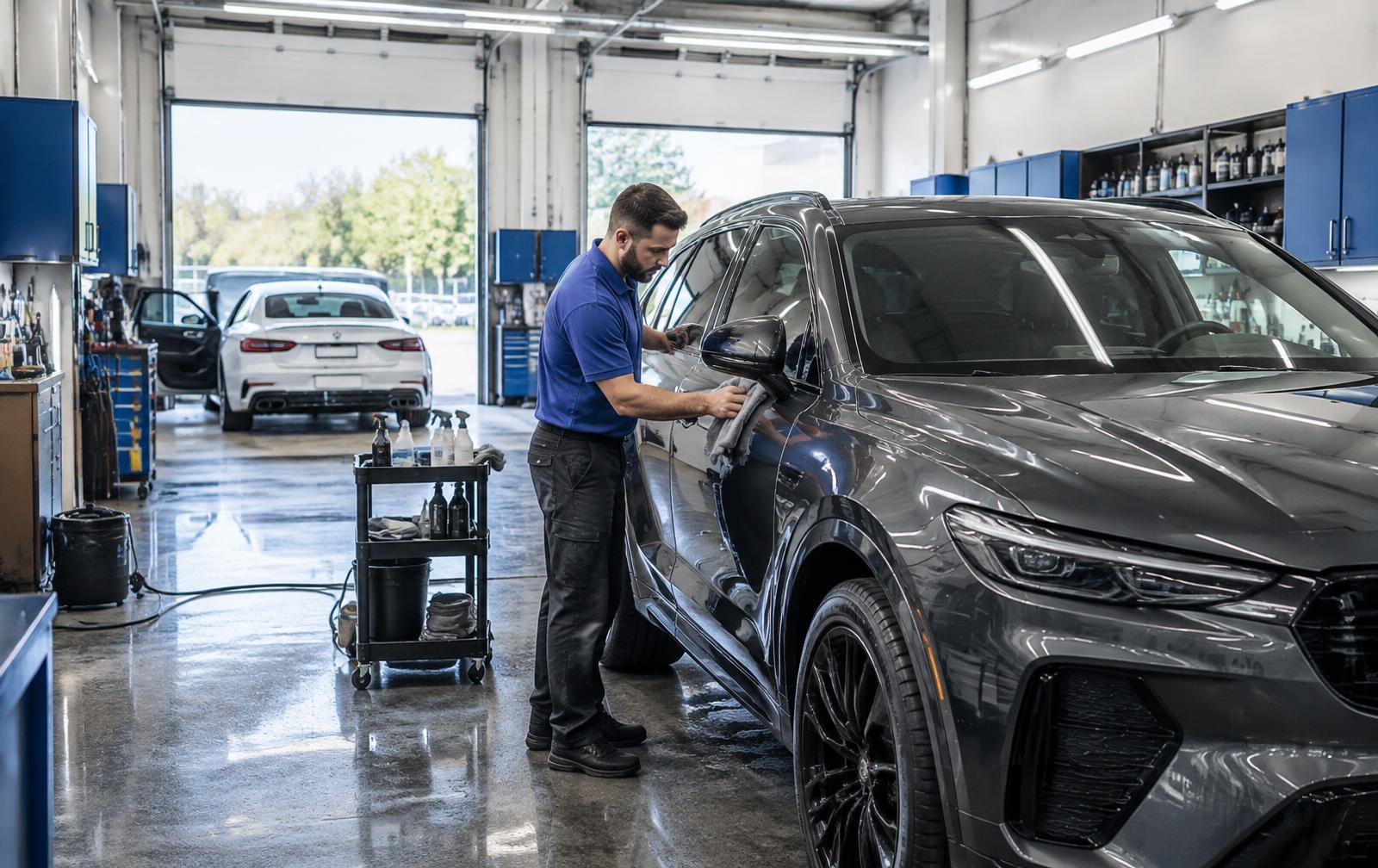 A technician details an SUV in a well-equipped professional detailing studio